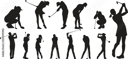 Golfing Silhouettes: A collection of black silhouettes showcasing female golfers in various stages of play, from preparing to swing to finishing a stroke.