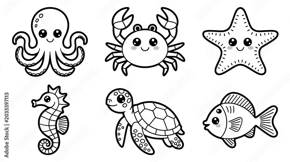 Fototapeta premium A funny cartoon vector illustration set of sea animals and ocean fish characters, including a dolphin and octopus, designed as a seamless pattern collection for a cute baby nature comic art