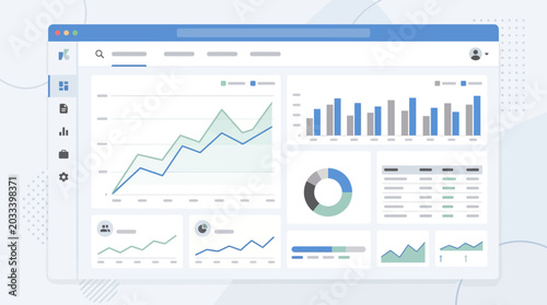 Digital dashboard with multiple charts and graphs on a computer monitor for data visualization.