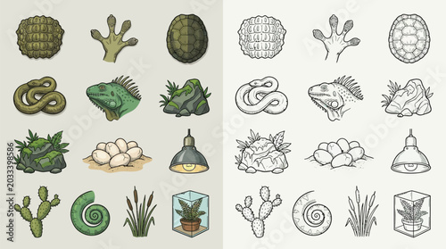 Cuadro en lienzo Collection of reptile and amphibian icons, including snakes, lizards, eggs, plants, and terrarium elements, presented in both color and line art styles