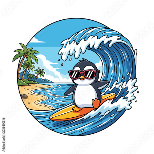 Cute Cartoon Penguin Surfer Riding Big Wave on Tropical Summer Beach Illustration