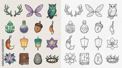 Canvas-taulu Collection of fantasy and magical elements, including fairy wings, potions, acorns, lanterns, and mystical creatures, presented in both color and outline