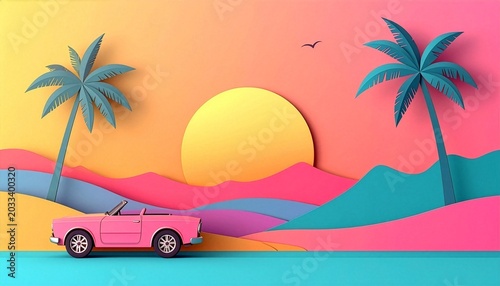 Retro Summer Tropical Landscape with Pink Convertible Car