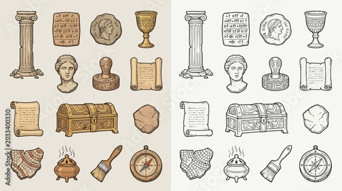 Canvastavla Collection of ancient artifacts and symbols, including columns, scrolls, coins, and treasure chests, presented in both color and monochrome