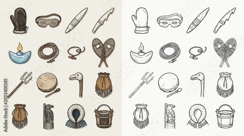 Bild auf Leinwand Collection of primitive tools and accessories for survival and daily life, depicted in two styles