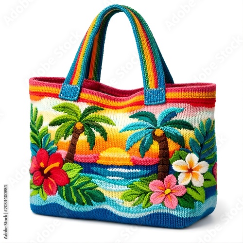 Knitted tropical tote bag with exotic flowers, beach, sunset and palm trees isolated on white background 