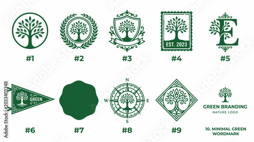 Collection of green nature tree logo design templates.