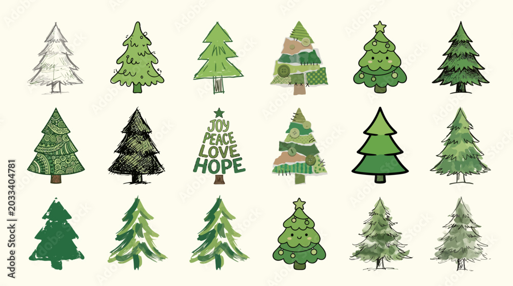 Obraz premium Collection of hand drawn Christmas tree illustrations.