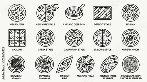 Collection of various global pizza styles and flatbread icons.