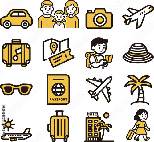 Travel and vacation icon set with blue accent. Simple line illustrations of family trip, airplane, suitcase, passport, and hotel.