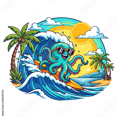 Cartoon Octopus Surfer Riding Large Ocean Wave Tropical Beach Summer Illustration