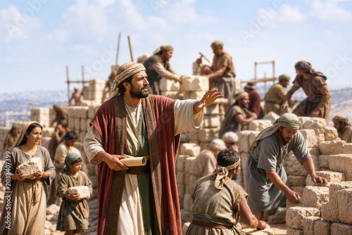 Nehemiah directs the community, including women and children, as they rebuild Jerusalem's ancient wall with trowels and swords.