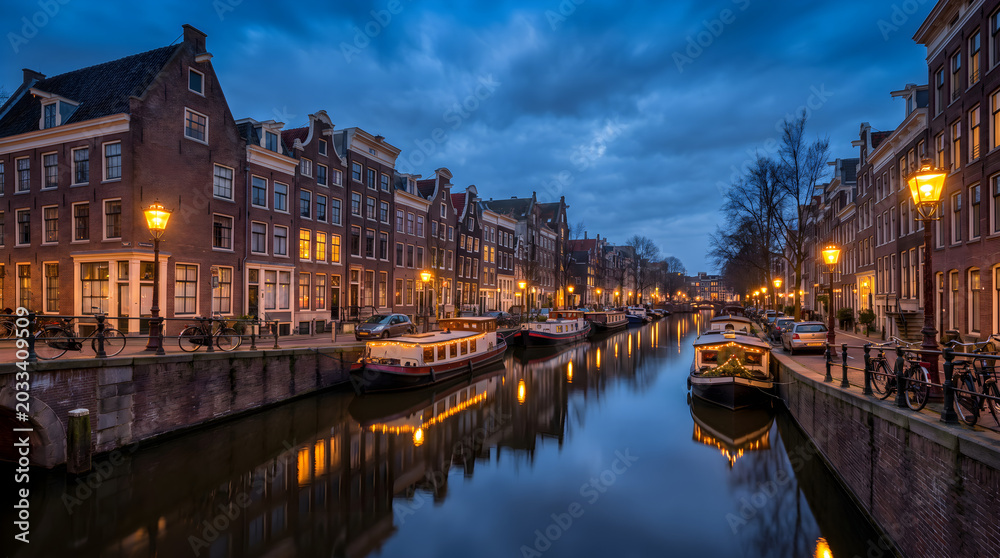 Obraz premium Amsterdam canals at dusk, a picturesque cityscape with historic Dutch architecture and reflections on the water, capturing the essence of European travel and urban charm