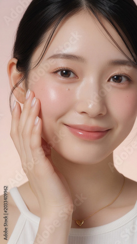 笑顔の美しい自然な雰囲気の女性、日本人女性美人モデルの写真。美容、スキンケア、コスメ広告用。