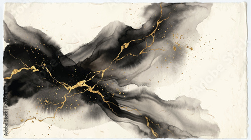 Bild auf Leinwand Paper Abstract Black & Gold Ink Flow on Textured Paper wit Minimal Fluid Art Bac
