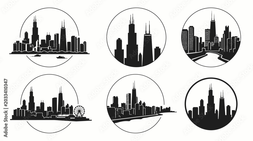 Fototapeta premium Set of Chicago City Skyline Silhouette Circular Icons.