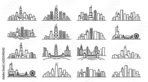 Set of Chicago city skyline line art icons and illustrations.