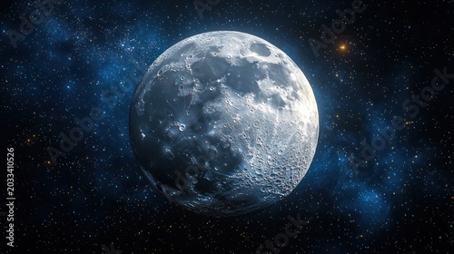 A detailed depiction of the lunar surface with craters and shadows against a backdrop of twinkling stars