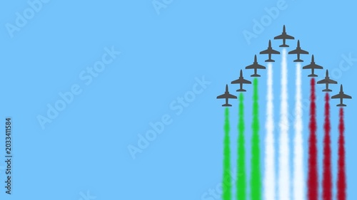 Italian Republic Day animated background with tricolor arrows on blue background. Airplanes with green, white and red smoke tails flying in the sky
