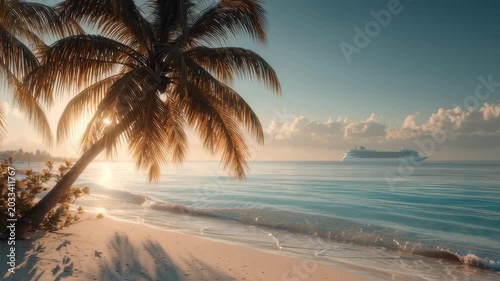 Sunrise on a beach with palm trees and ships in the distance during the early morning hours