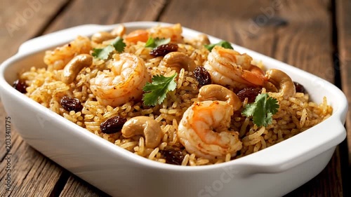 Shrimp rice with nuts with fruits.