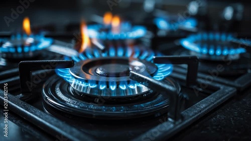 Gas stove flames pulsing in a kitchen setting during cooking time