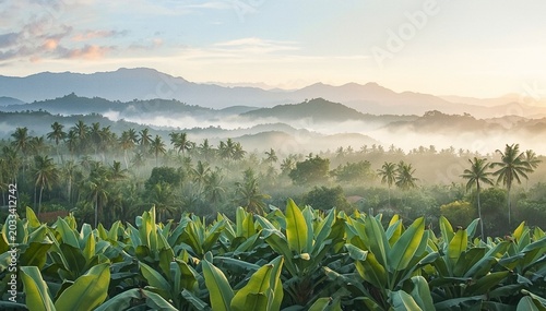 Misty Mountain Sunrise: A breathtaking panorama of rolling mist-covered hills and lush tropical forest awakens under the gentle golden hues of the rising sun.