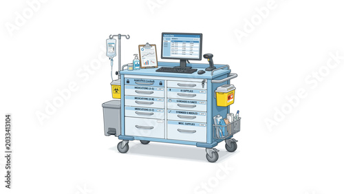 A medical cart with a monitor and various equipment on a white background, conveying a clinical and organized mood.