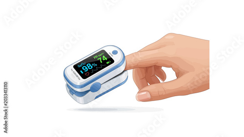 Fotografie A hand holding a pulse oximeter with a digital display on a white background, showing oxygen saturation levels