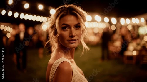 Woman turns and smiles at party with lights at night in outdoor setting with many guests in background