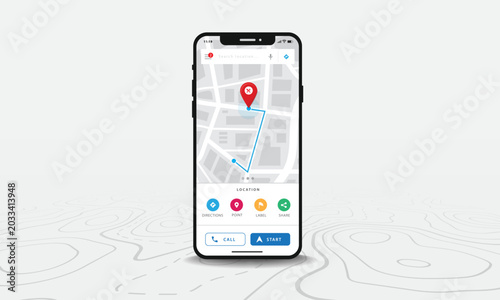 Smartphone displaying map navigation with route pinpointed on urban location showing directions and location options
