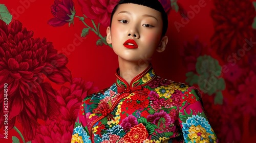 Girl in colorful dress stands against red floral background in photo shoot in studio