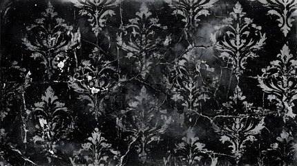 Dark ornate damask wallpaper with a distressed and aged texture, featuring intricate floral patterns and a vintage aesthetic