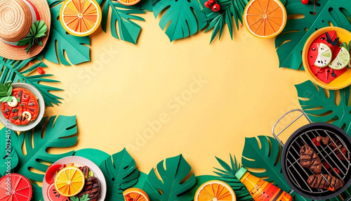 Top View of Summer Tropical Border with BBQ Grill, Citrus Fruits and Monstera Leaves Paper Art