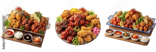 Korean fried chicken poultry meat specimen displaying structural culinary parameters, organic material chemical components, processing features within standard food science reference archive data.