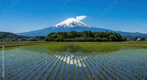 Majestic Mount Fuji volcano capped with snow standing tall over lush green rice fields in rural Japan