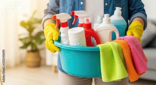 Person in yellow gloves holding a turquoise bucket filled with cleaning supplies including spray bottles and cloths