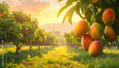 Ripe mangoes hanging in orchard