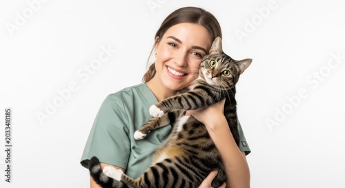 Smiling veterinarian gently holding a tabby cat in a medical setting