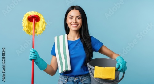 Smiling Woman Holding Cleaning Supplies Ready to Make Home Sparkle