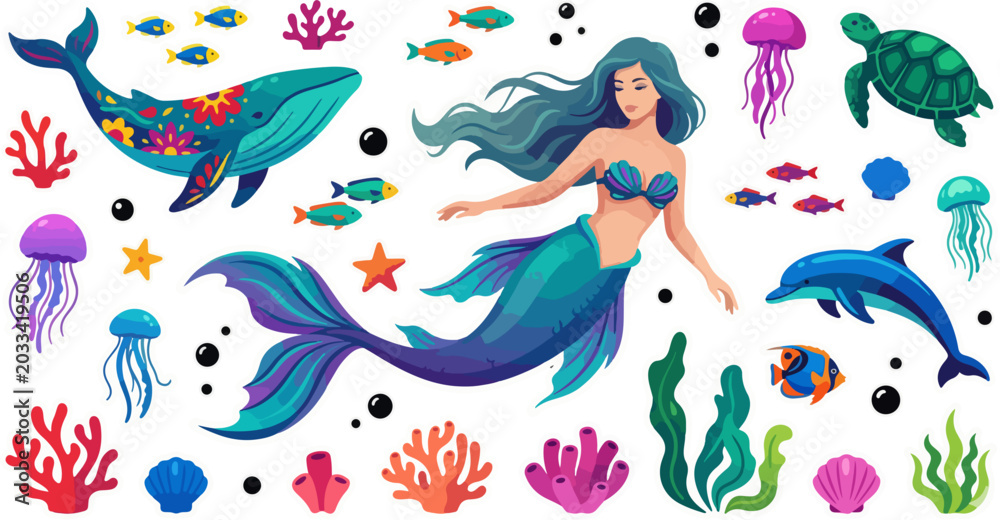 Fototapeta premium Magical underwater world with mermaid, whale, dolphin, and sea creatures