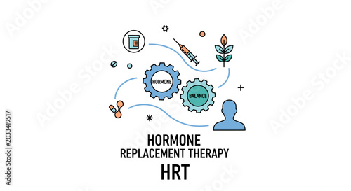 Tableau sur toile Line art illustration of Hormone Replacement Therapy (HRT) concept, featuring gear icons, medical symbols, and human silhouette for healthcare, wellness, and medical treatment visual communications