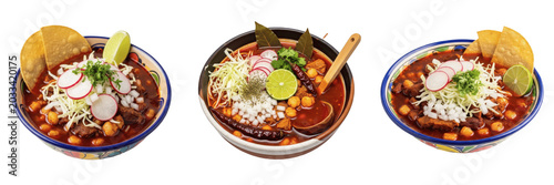 Pozole maize hominy meat broth food specimen displaying structural culinary parameters, organic material chemical components, processing features within standard food science reference archive dataset