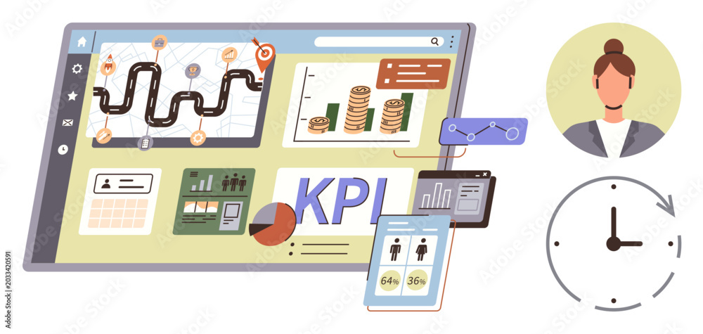 Fototapeta premium Business analytics, productivity, performance tracking, management tools, workflow optimization, data visualization. Dashboard with charts, graphs and KPI metrics. Business analytics