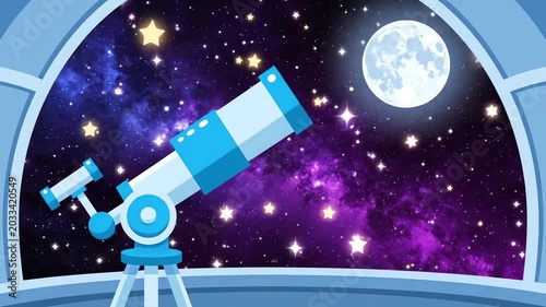Cartoon Telescope Pointing at a Starry Night Sky and Full Moon