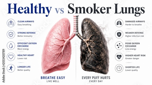 Comparison of healthy and smoker lungs with illustrations showing differences in airway health and risk factors. concept of respiratory health, lung damage, smoking effects