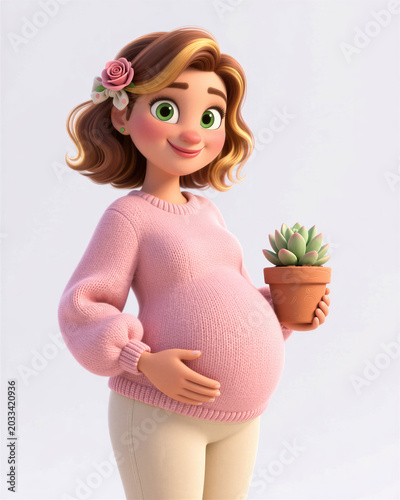 Relatable peachy-skinned pregnant woman with sage eyes and large belly holding succulent, looking at viewer on white, naturalistic 3D style.