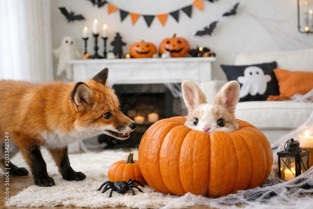 Naklejka premium Adorable bunny in pumpkin with curious fox in spooky halloween decor living room. concept of halloween celebration, cute animal interaction, festive home decoration