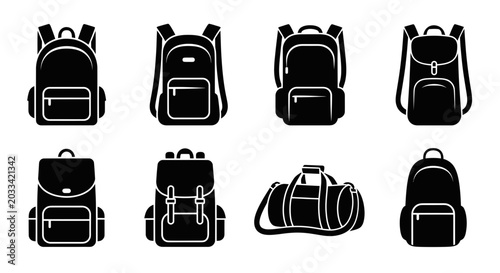 Foto Backpack Icons Set: Travel Bags, School Backpacks, Duffel Bag - Black Silhouette