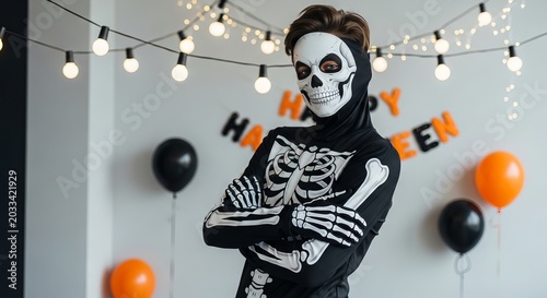 Teen boy wearing skeleton costume for Halloween party celebration. Happy teenager posing in spooky outfit with skull mask for holiday event. Decorated room with balloons and lights for festive mood